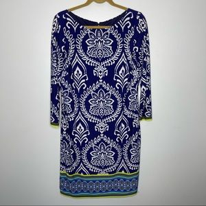 VINCE CAMUTO Navy and White Paisley Print Scoop Neck Long Sleeve Dress